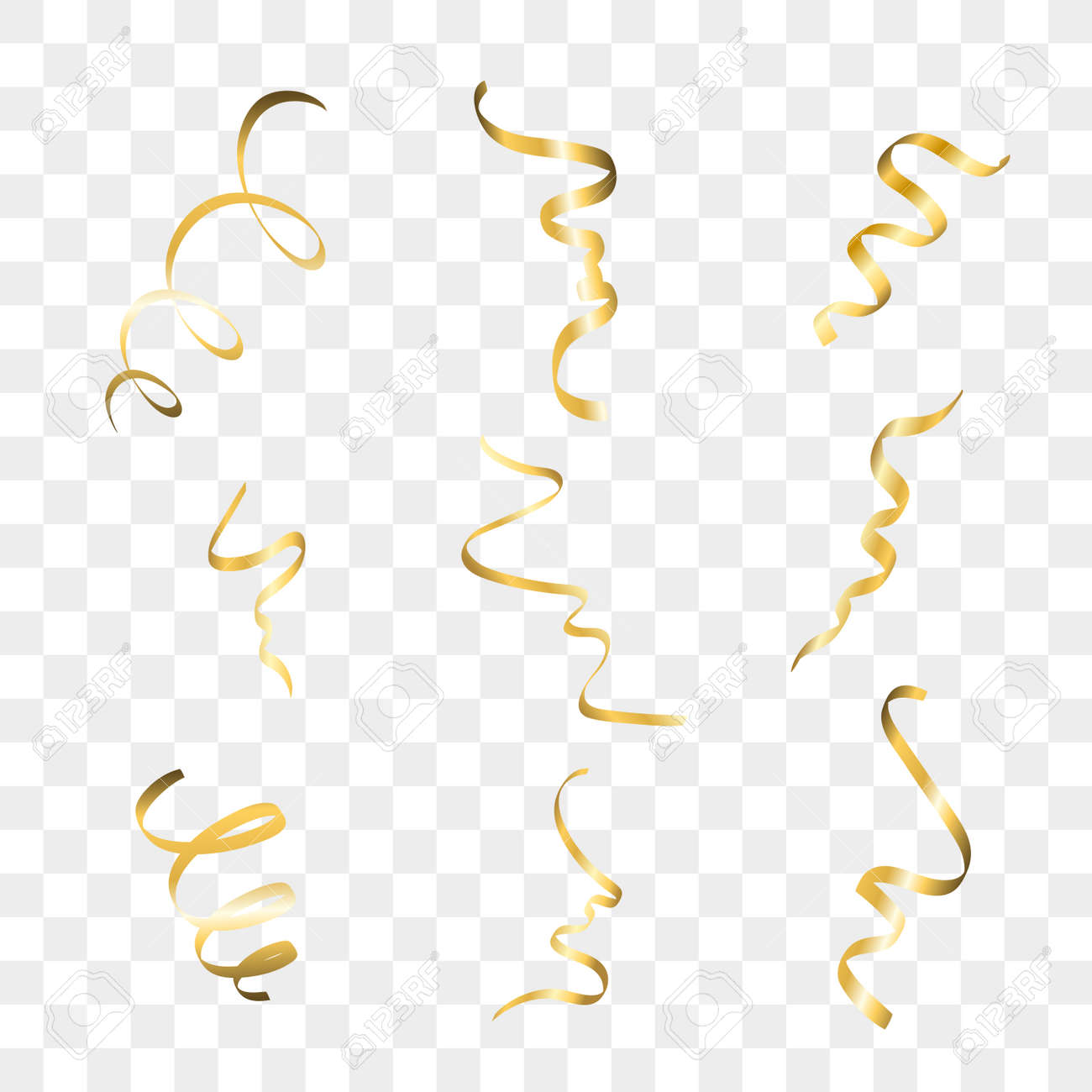 Gold streamers set. Golden serpentine ribbons, isolated on transparent background. Decoration for party, birthday celebrate or Christmas carnival, New Year gift. Festival decor. Vector illustration - 63523838 Gold streamers set. Golden serpentine ribbons, isolated on transparent background. Decoration for party, birthday celebrate or Christmas carnival, New Year gift. Festival decor. Vector illustration - 63523838