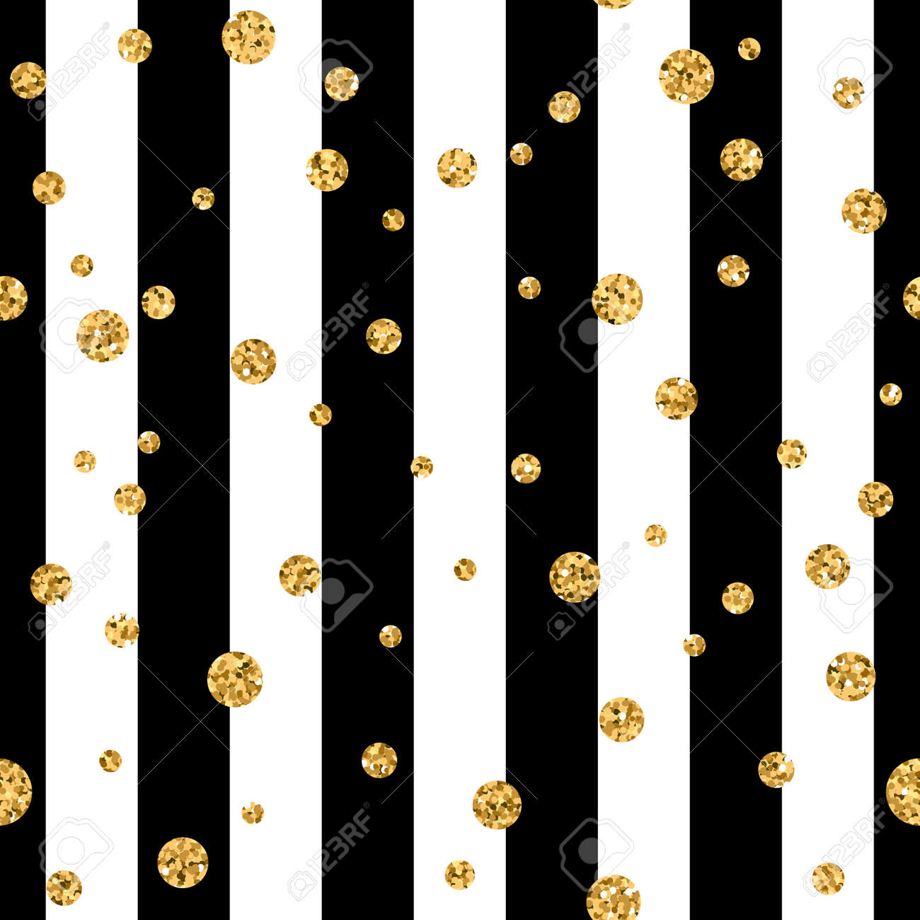 線のシームレスなパターン背景にゴールドの水玉 黄金箔紙吹雪 黒と白のストライプ キラキラ デザイン装飾をクリスマス カード 壁紙 包装 繊維 ベクトル図のイラスト素材 ベクタ Image