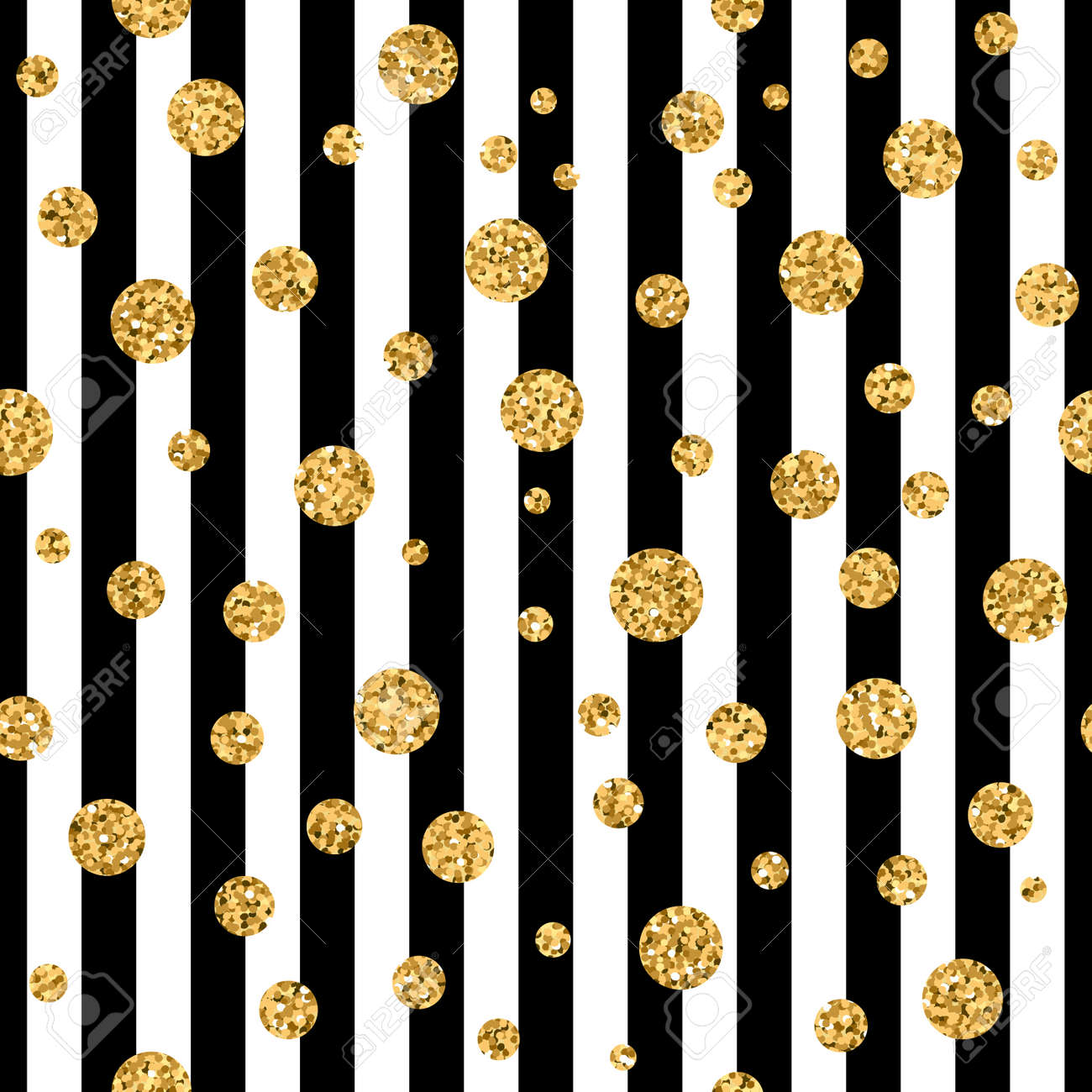 線のシームレスなパターン背景にゴールドの水玉 黄金箔紙吹雪 黒と白のストライプ キラキラ デザイン装飾をクリスマス カード 壁紙 包装 繊維 図 の写真素材 画像素材 Image