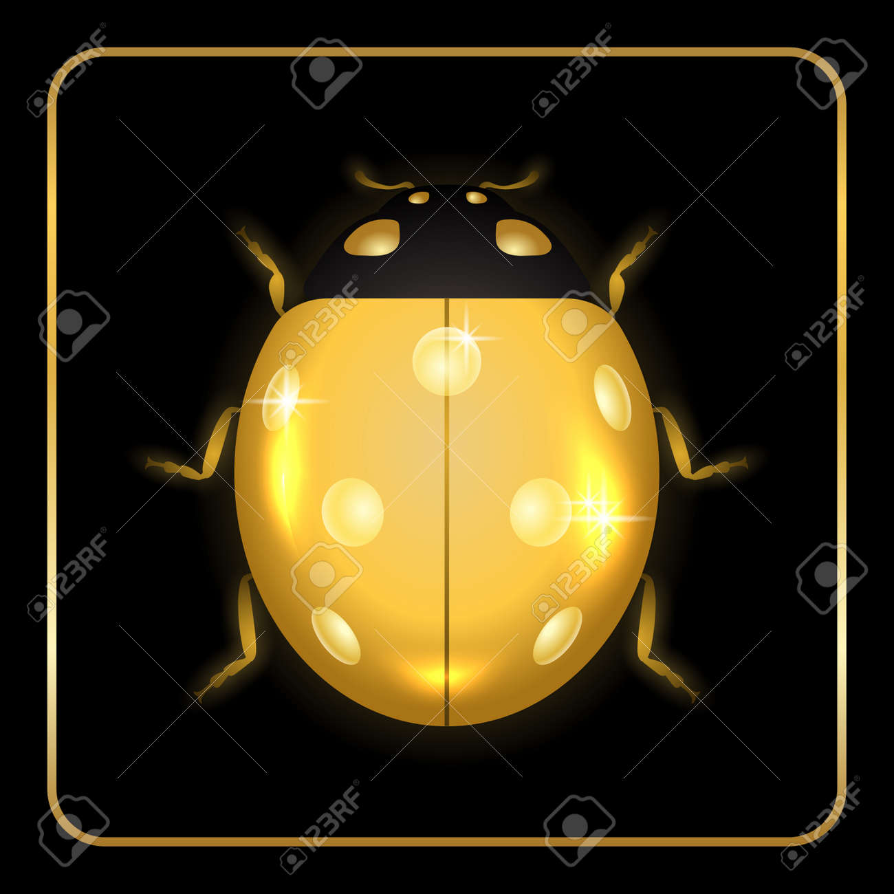 てんとう虫ゴールド昆虫小さいアイコン ゴールデン レディー バグ動物記号は 黒い背景に分離します 3 D ボリューム デザイン かわいいジュエリー テントウムシのデザイン 漫画の テントウムシ鳥のクローズ アップ ベクトル図 のイラスト素材 ベクタ Image