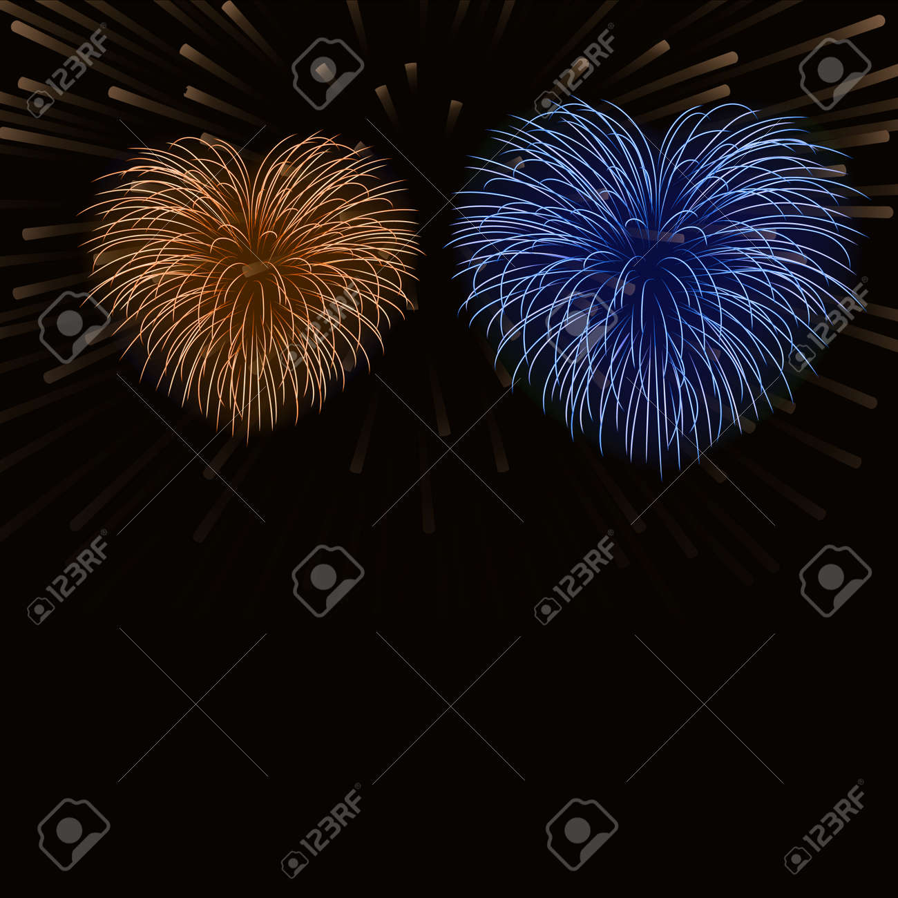 美しい心花火の背景カード 明るいロマンチックなカップルの花火 孤立した黒い背景 バレンタインデーのお祝いのための光の愛の敬礼 シンボルウェディング ベクトルイラストのイラスト素材 ベクタ Image