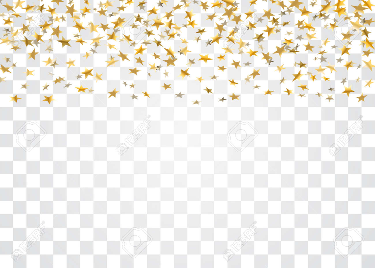 白い透明な背景に隔離された紙吹雪を落ちる金星 ゴールデンデザインのお祝いパーティー 誕生日のお祝い カーニバル 記念日 星紙吹雪爆発 ベクトルイラスト のイラスト素材 ベクタ Image