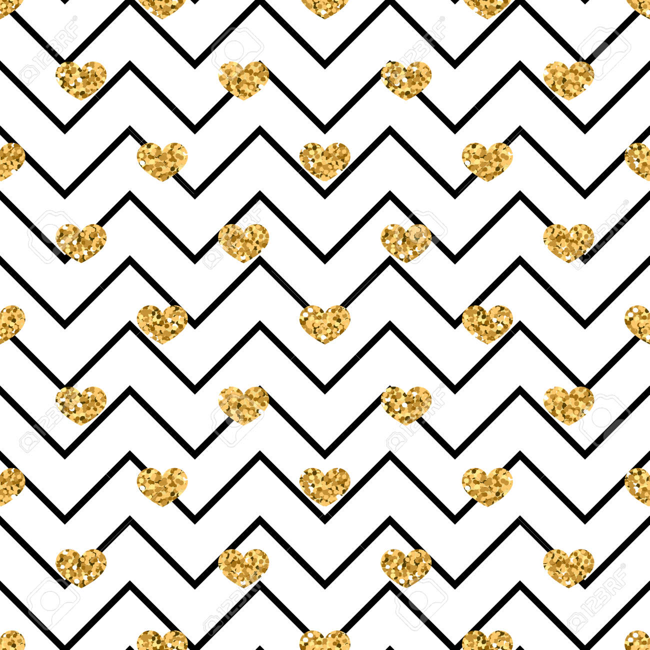 Gold Heart Seamless Pattern Black White Geometric Zigzag Golden