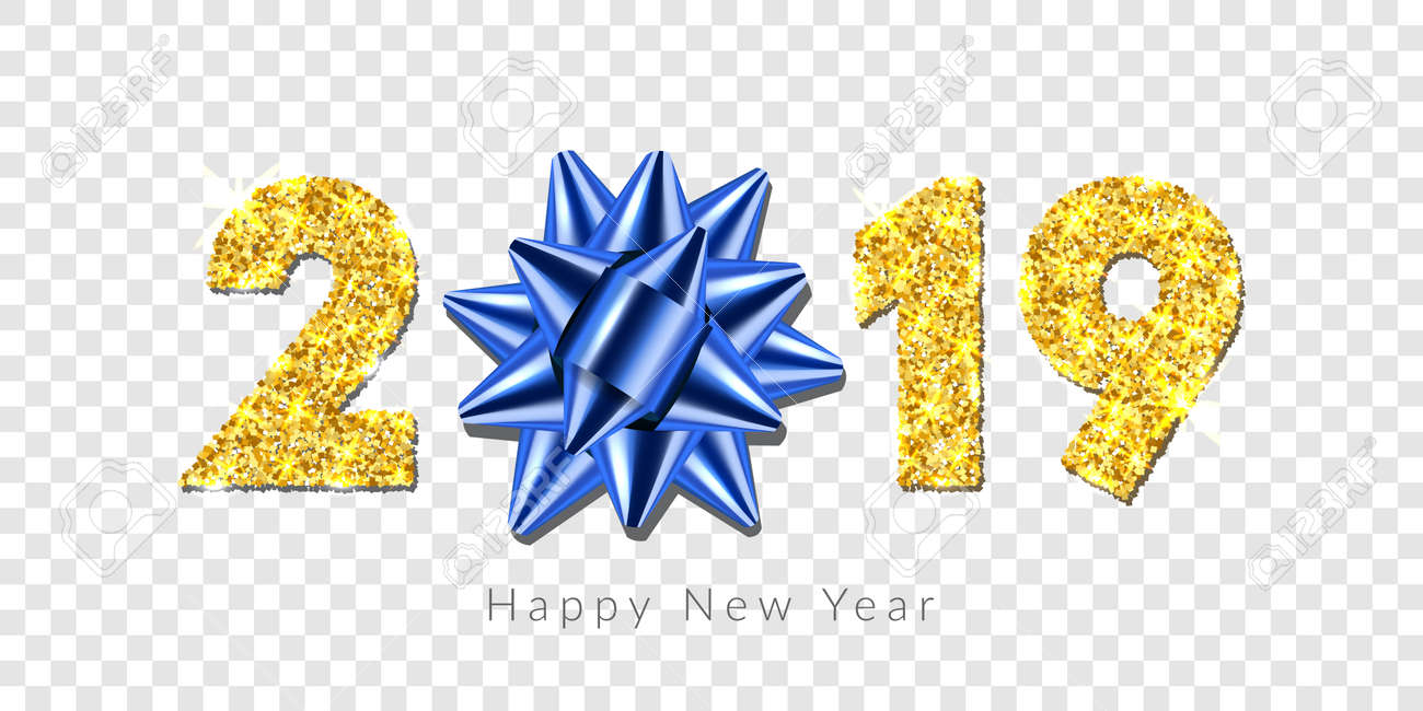 happy new year card 3d gift blue ribbon bow gold number 2019 happy new year photo cards
