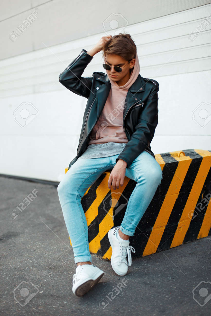 leather jacket blue jeans