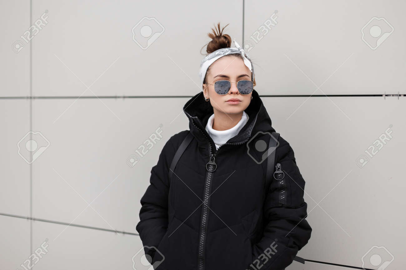 European Stylish Young Woman Hipster In Fashionable Black Coat