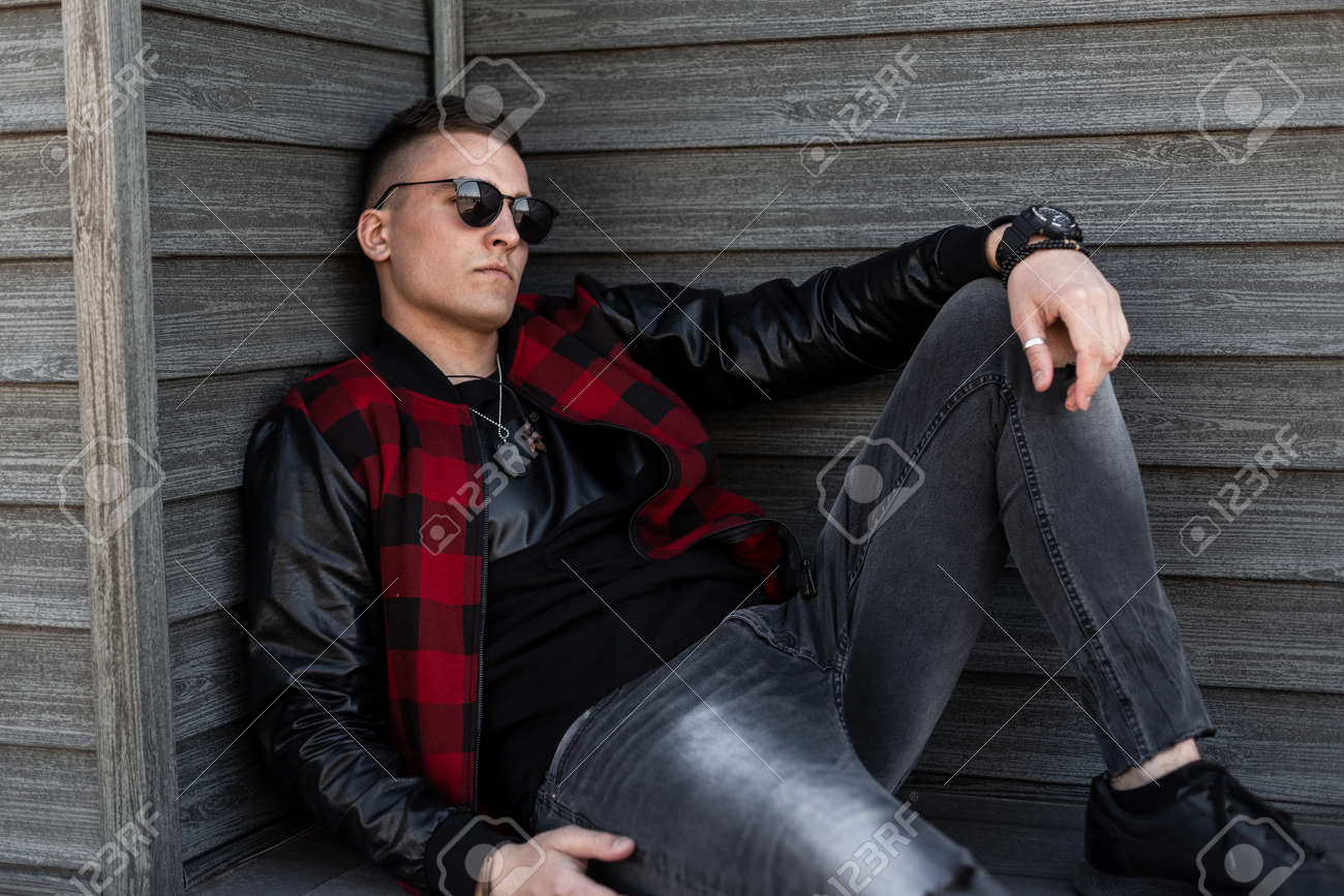 leather jacket with checkered sleeves