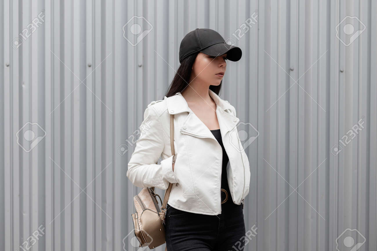 white leather baseball cap