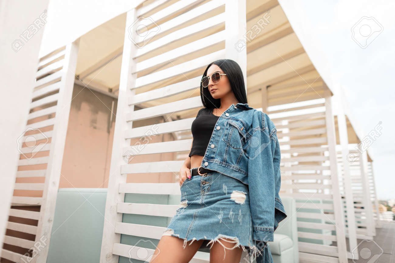 black top with denim jacket