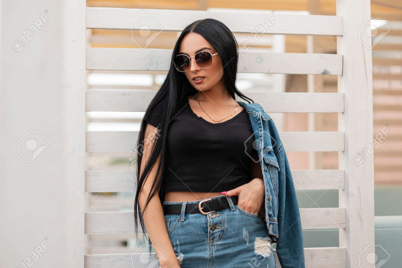 black top with denim jacket