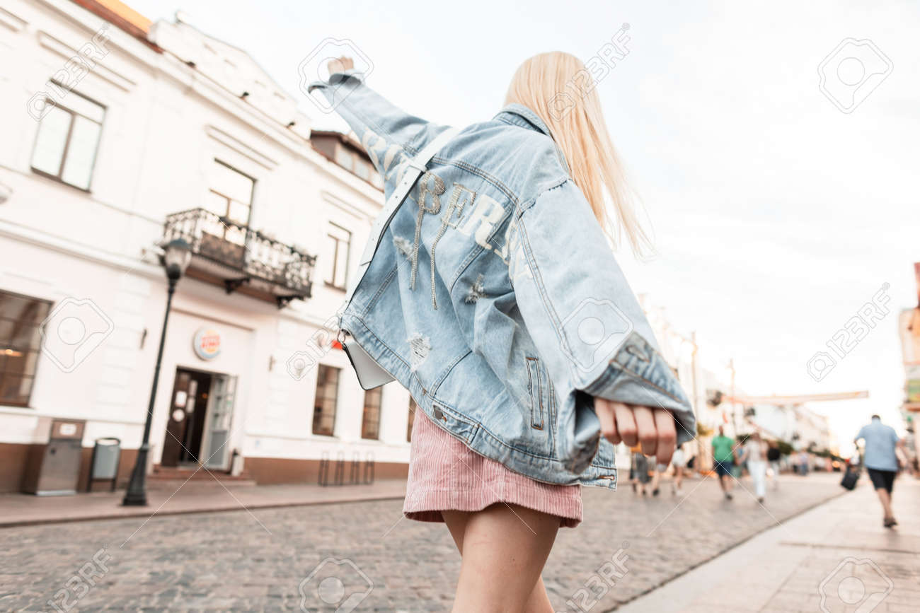 pink dress denim jacket