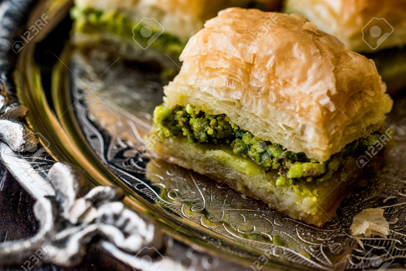 turkish dessert baklava with pistachio on silver tray dessert