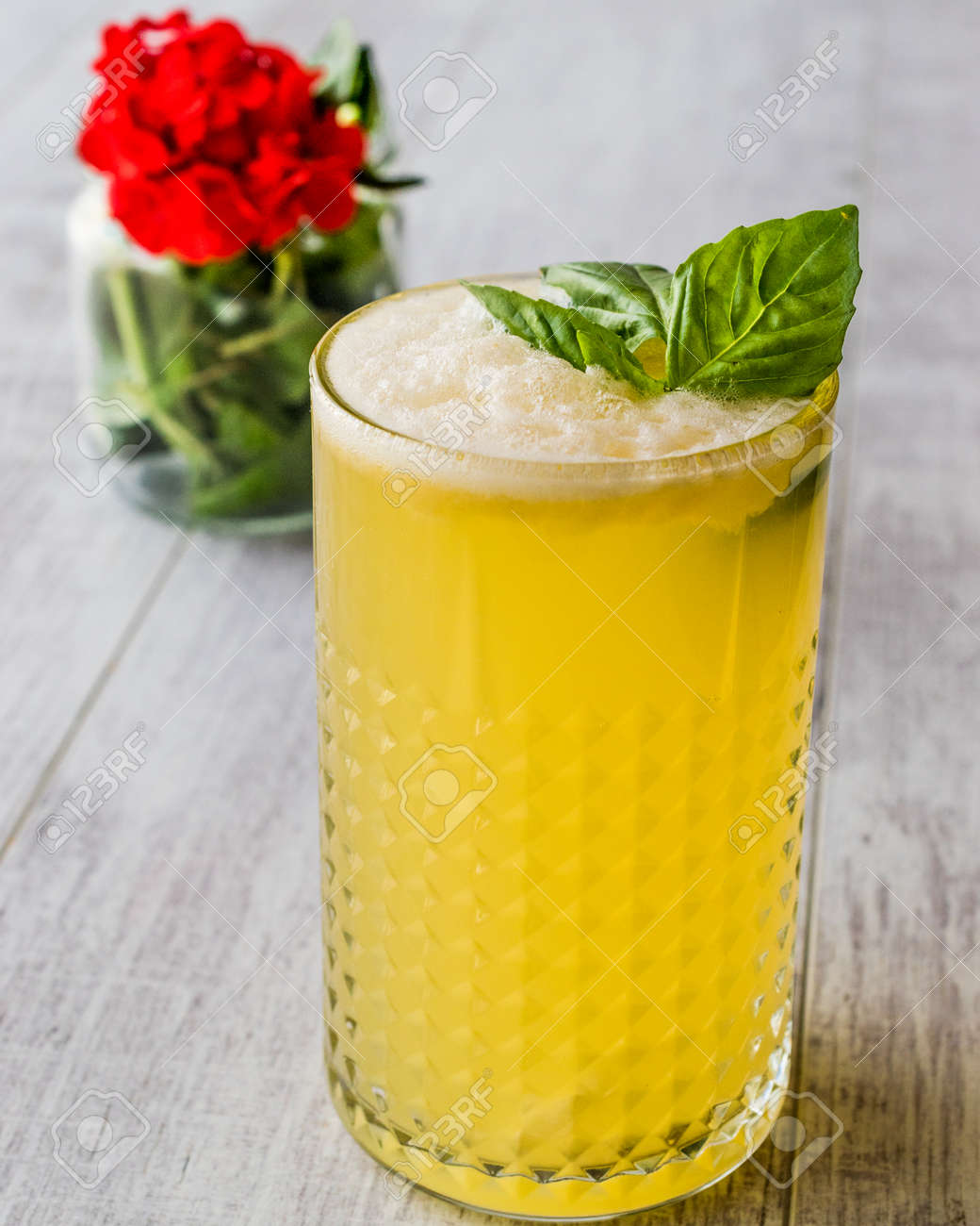 persian saffron milkshake with basil leaves traditional beverage