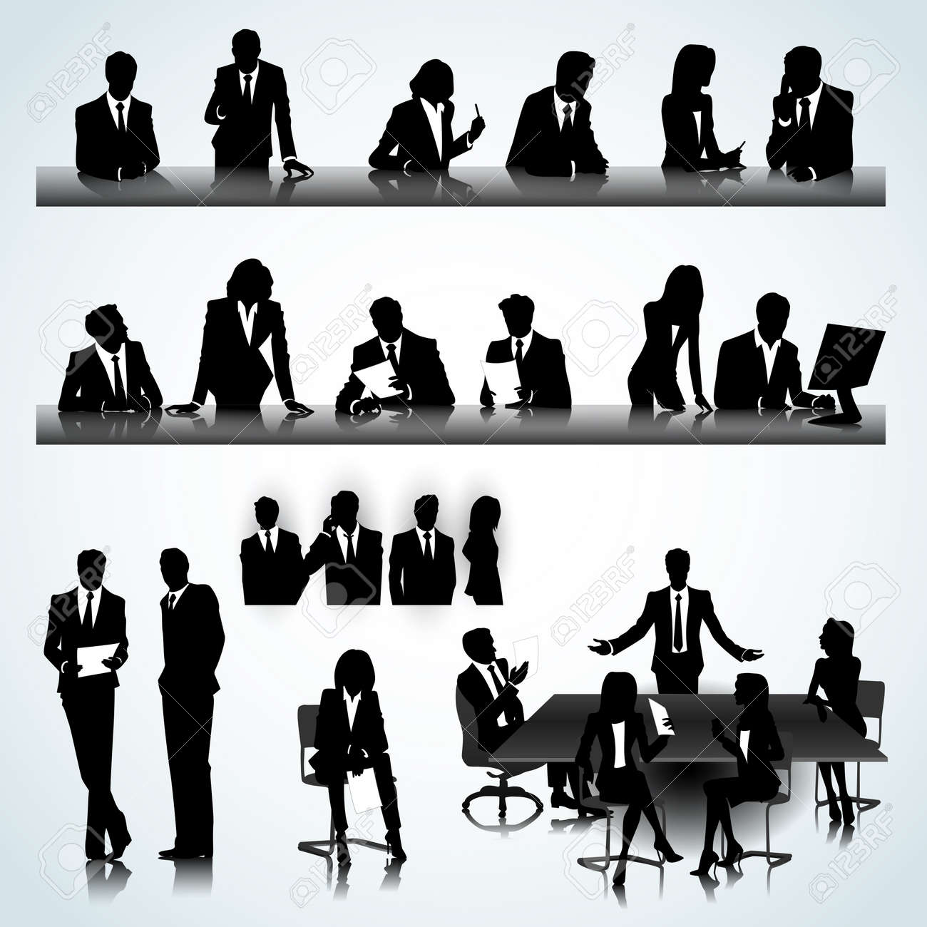 Set Of Business People Silhouettes On The Office Background Royalty Free Cliparts Vectors And Stock Illustration Image