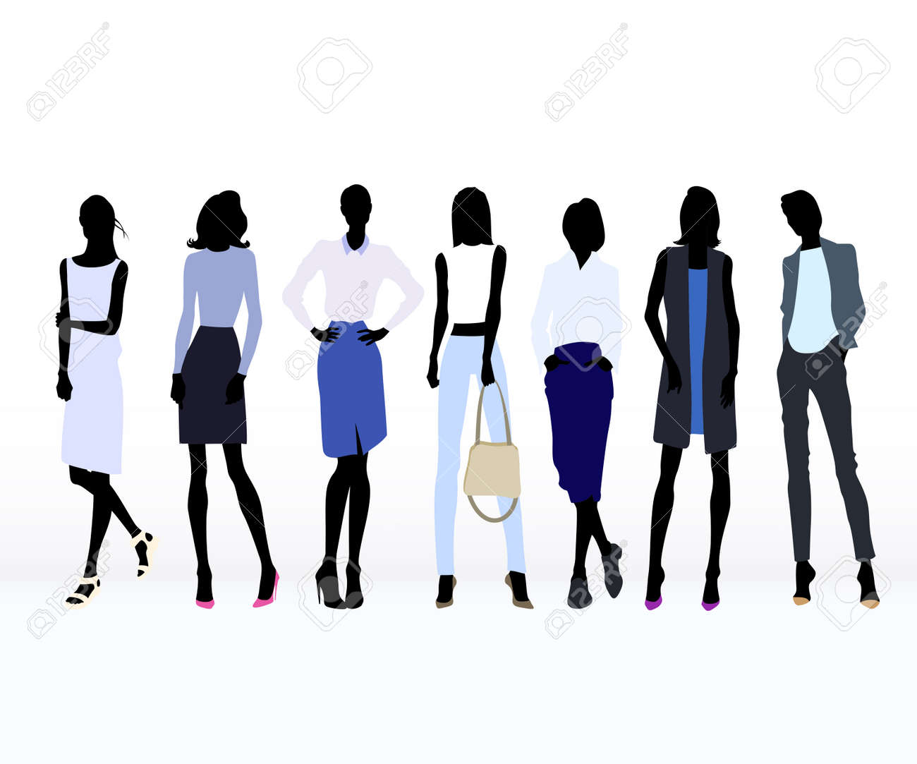 女性のファッション性の高い色のシルエットのグループの服を着たままのイラスト素材 ベクタ Image 女性のファッション性の高い色のシルエットのグループの服を着たままのイラスト素材 ベクタ Image