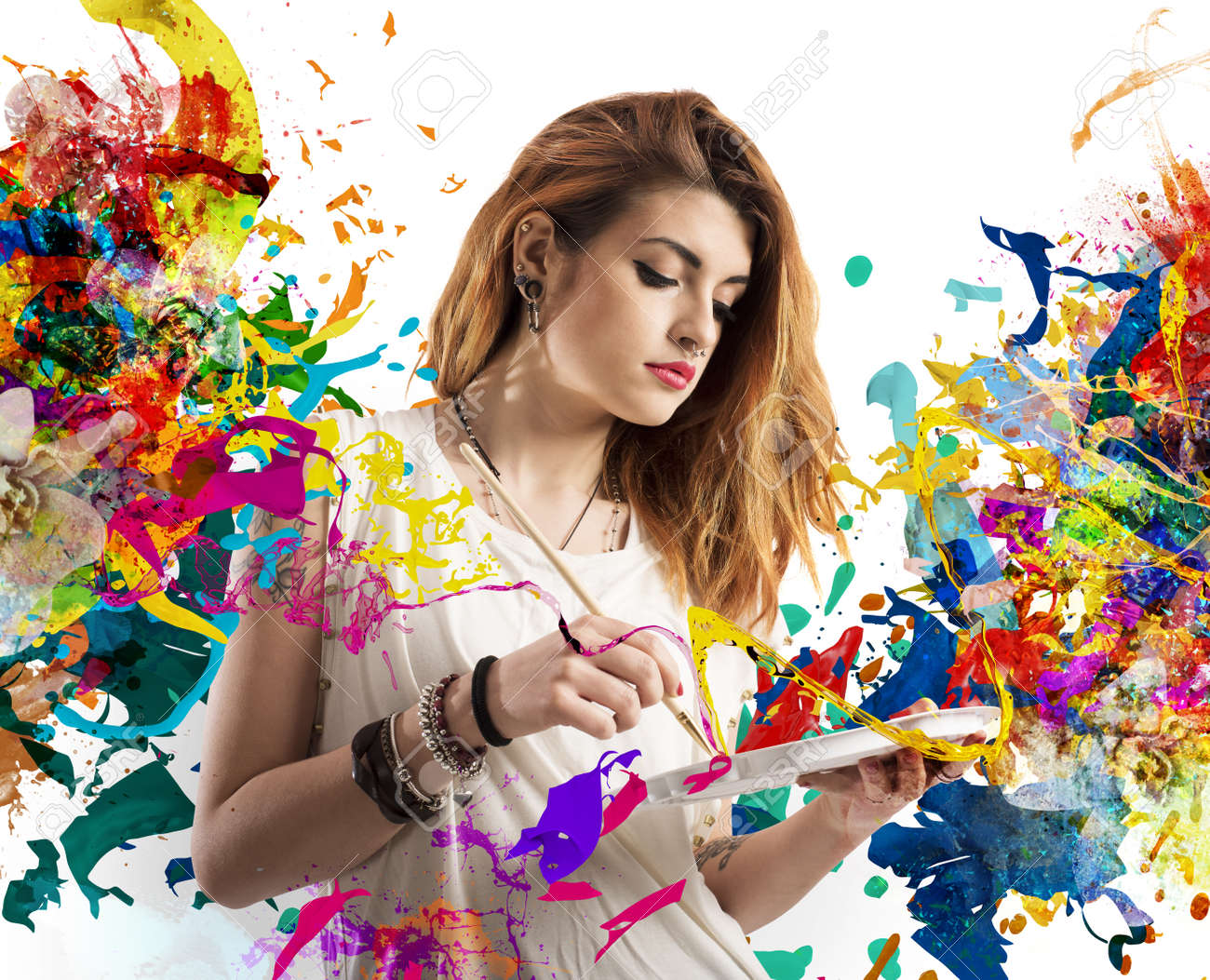 Creative woman painter with brush and palette - 47110849 Creative woman painter with brush and palette - 47110849