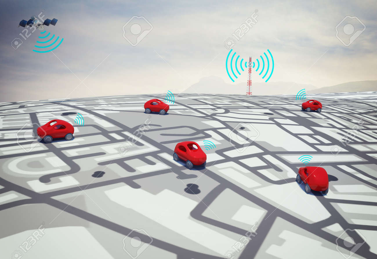 3D Rendering cars on the road with path traced by satellite - 66484653 3D Rendering cars on the road with path traced by satellite - 66484653