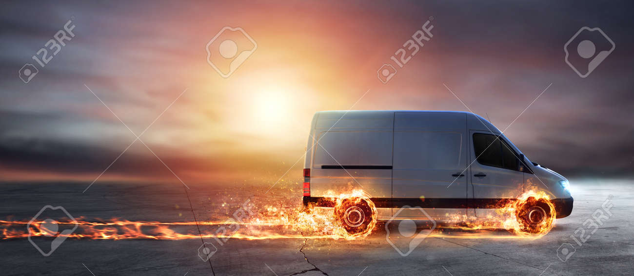 Super fast delivery of package service with van with wheels on fire - 95068635 Super fast delivery of package service with van with wheels on fire - 95068635