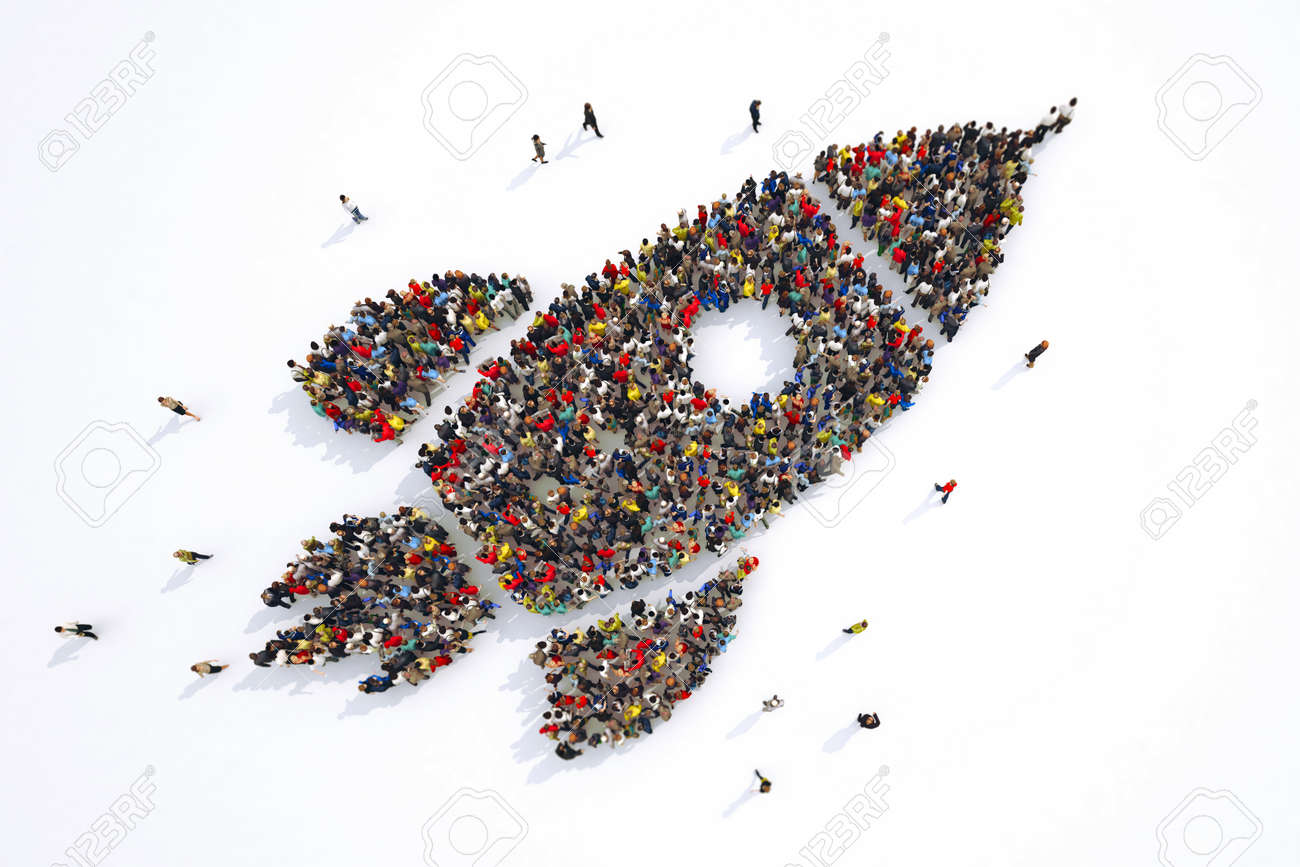Many people together in a rocket shape. 3D Rendering - 97505008 Many people together in a rocket shape. 3D Rendering - 97505008