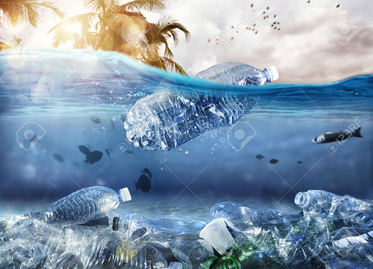 Floating bottle. Problem of plastic pollution under the sea concept - 127977816 Floating bottle. Problem of plastic pollution under the sea concept - 127977816