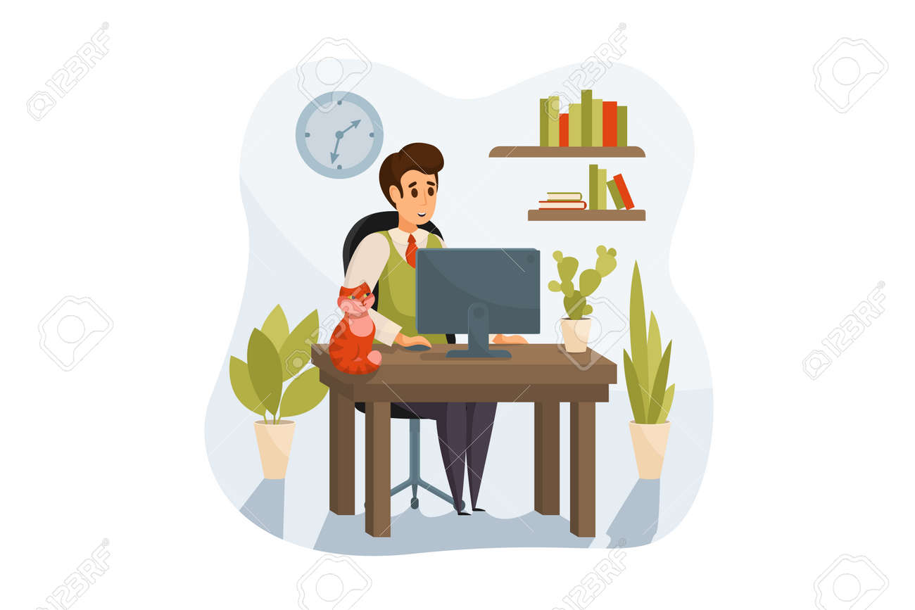 Freelance, Remote Work, Business Concept. Young Businessman Man Boy Freelancer  Cartoon Character Sits On Workplace At Home Working Remotely Online.  Preparation To Exam Or Social Media Communication. Royalty Free SVG,  Cliparts, Vectors,, image size:1300x867