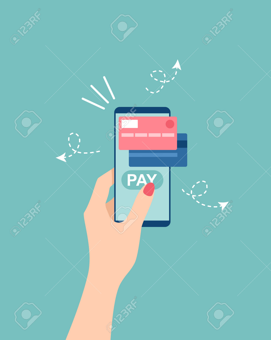 화면 모바일 결제 및 온라인 뱅킹 Nfc 결제 기술 플랫 벡터 일러스트레이션에 신용 카드와 결제 버튼이 있는 스마트폰을 들고 있는 여성  손 로열티 무료 사진, 그림, 이미지 그리고 스톡포토그래피. Image 199686099