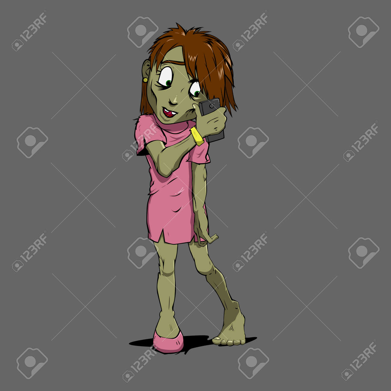 彼女の携帯電話を見つめて気になる女性ゾンビのイラスト素材 ベクタ Image