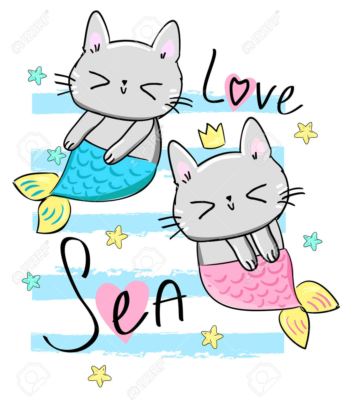 Kitten Mermaid. Hand Drawn Fantasy Cute Cat. Vector. Print Design For Baby  T-shirt. Letters - Sea Love. Royalty Free SVG, Cliparts, Vectors, and Stock  Illustration. Image 140624510., image size:1132x1300