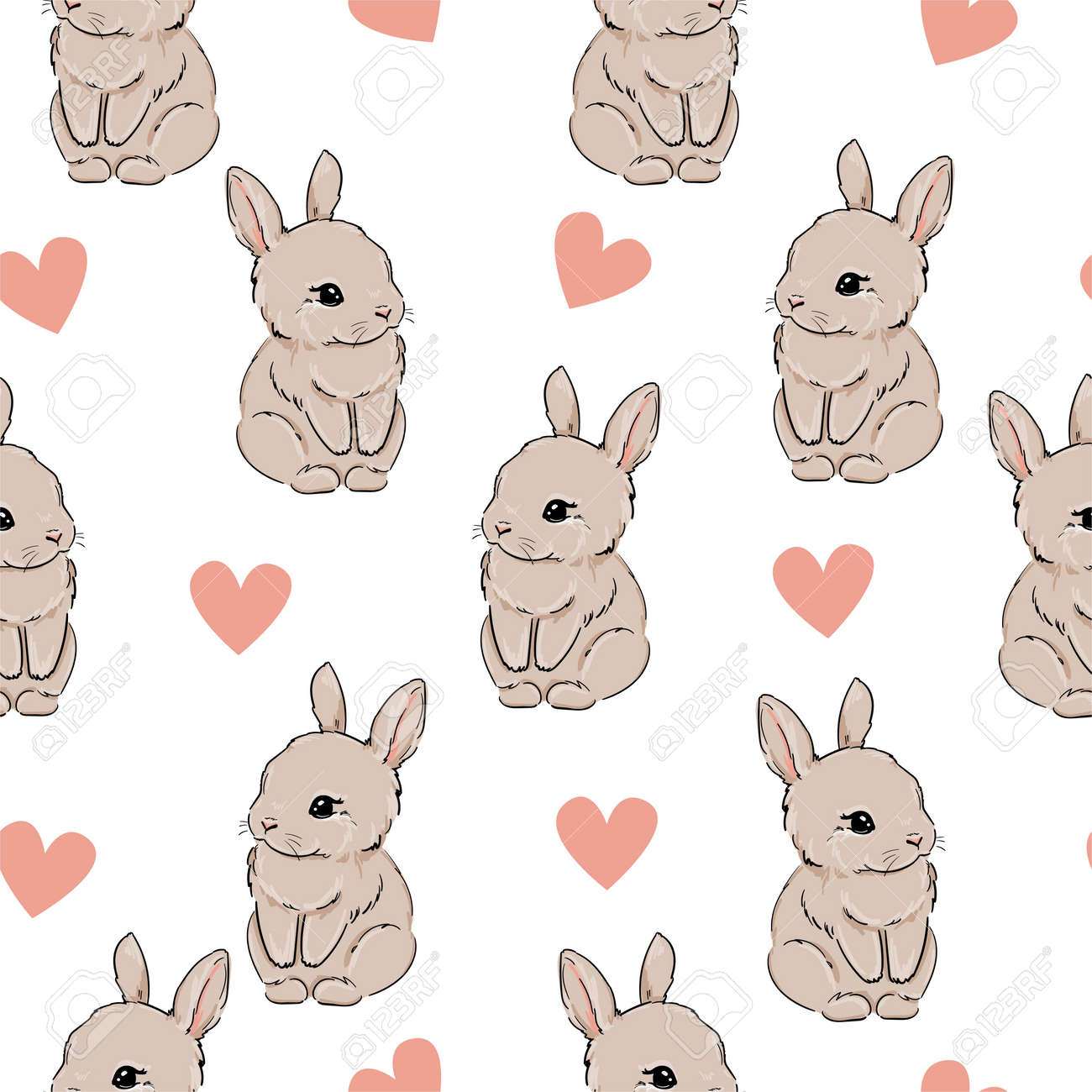 Seamless pattern Rabbit and Heart. Hand Drawn Cute Bunny Pattern, print design background, children print textile design. Vector - 149977568 Seamless pattern Rabbit and Heart. Hand Drawn Cute Bunny Pattern, print design background, children print textile design. Vector - 149977568