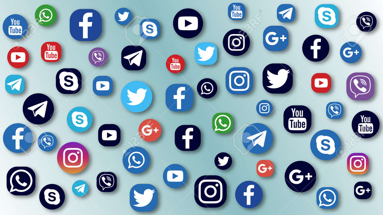 VORONEZH, RUSSIA - APRIL 8, 2020: Background Of Various Flat Social Media  Icons In Standart And Black Colors With Shadows. Facebook, Twitter,  Instagram, YouTube, Skype, Telegram And Others Stock Photo, Picture and, image size:1300x731