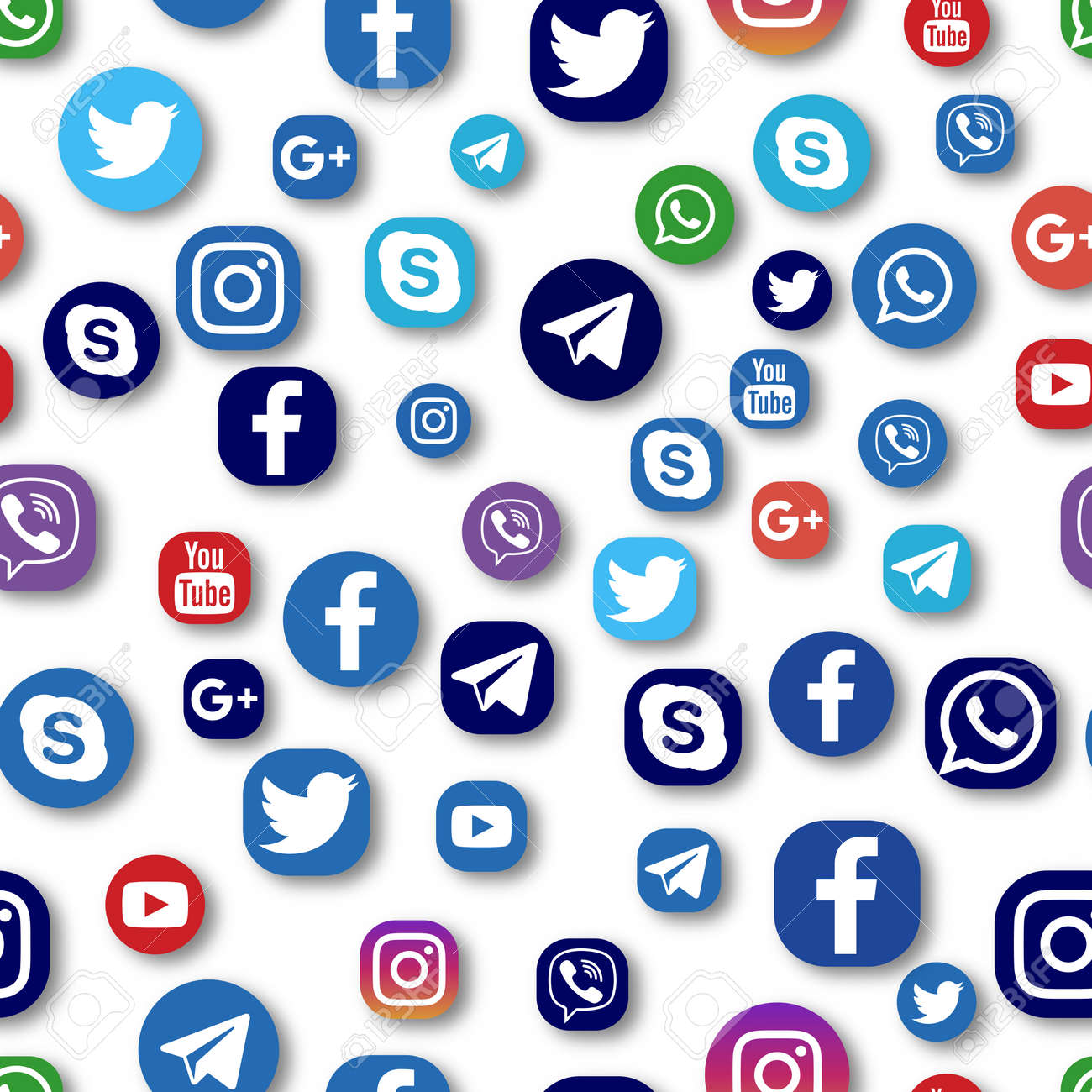 Voronezh Russia April 8 Seamless Pattern Of Various Flat Social Media Icons In Standart And Black Colors With Shadows Facebook Twitter Instagram Youtube Skype Telegram And Others Stock Photo Picture