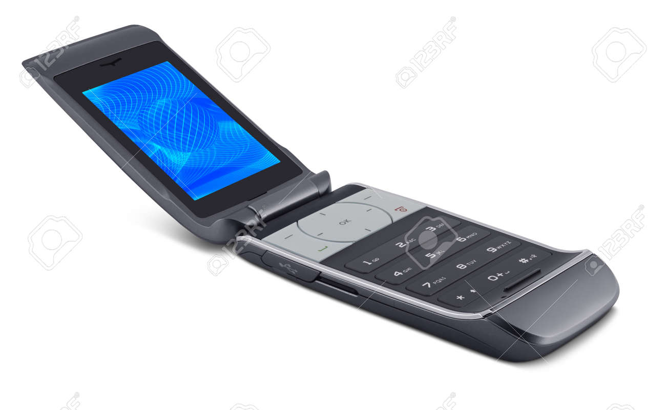 灰色携帯電話 フリップ電話 白い背景の上 オブジェクト全体にフォーカス 注 著作権所有者 Lcd ディスプレイ上の画像の アルタイ カヤ の写真素材 画像素材 Image