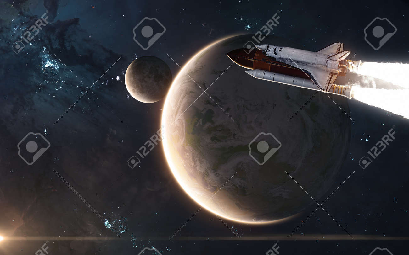 Space Shuttle Is Flying In Front Of Earth And Moon Solar System