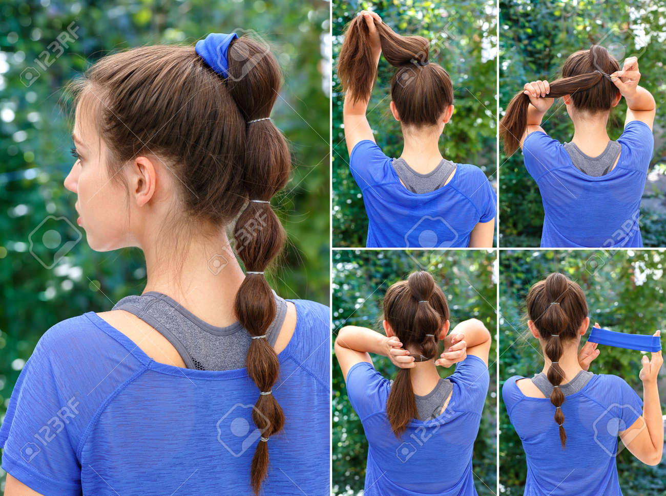 スポーツ ポニーテールとシュシュのチュートリアルの簡単なヘアスタイル 髪のチュートリアルです シュシュでポニーテールを作成する舞台裏の技術 髪型 チュートリアル スポーツのためのヘアスタイル の写真素材 画像素材 Image