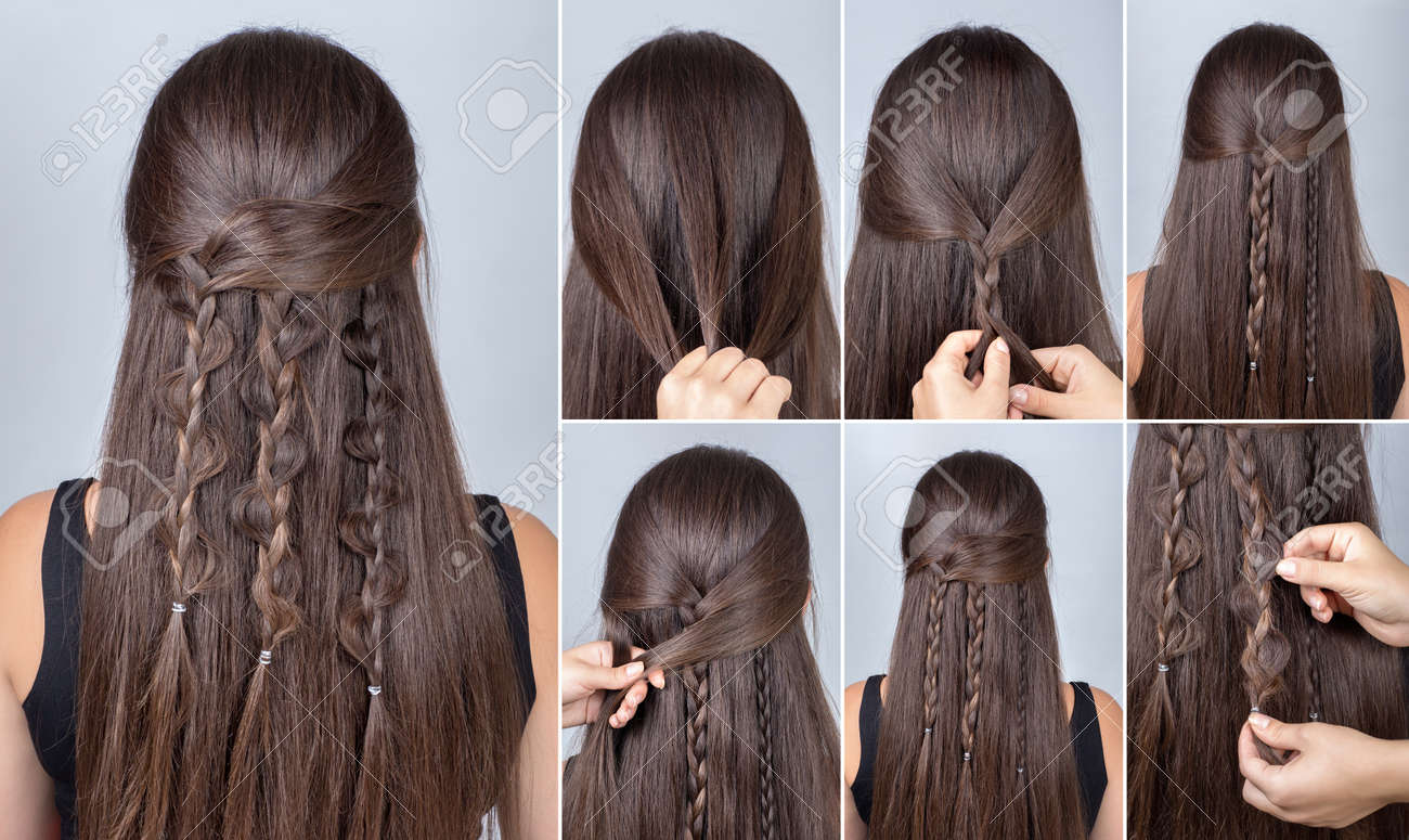 Banque d\u0027images , Procédé de tissage tresse. Coiffure pour cheveux longs. le style Boho. HairStyle trois tresses de boho avec les cheveux dénoués. tutoriel