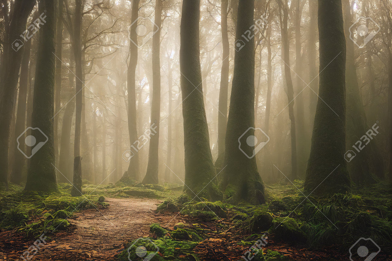 Misty Enchanted Forest. Nature Background. Fairy Spooky Woods In Fog With  Mist. Cold Foggy Morning In Horror Wonderland. Old Tree And Ground Pathway  Road Under Shining Of Sunrise Ray Stock Photo, Picture, image size:1300x867