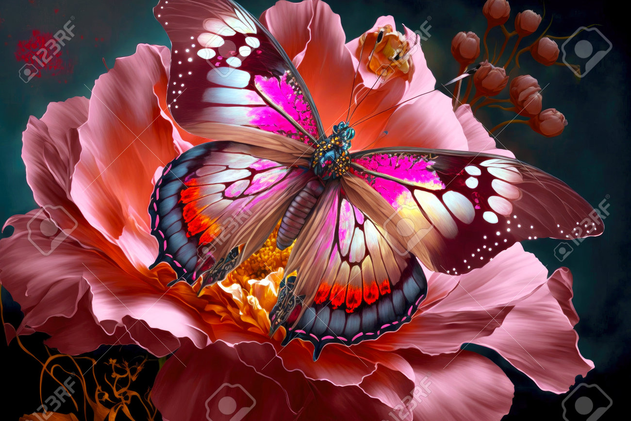 Belle Fleur Aux Pétales Roses Et Papillon Banque D'Images et ...