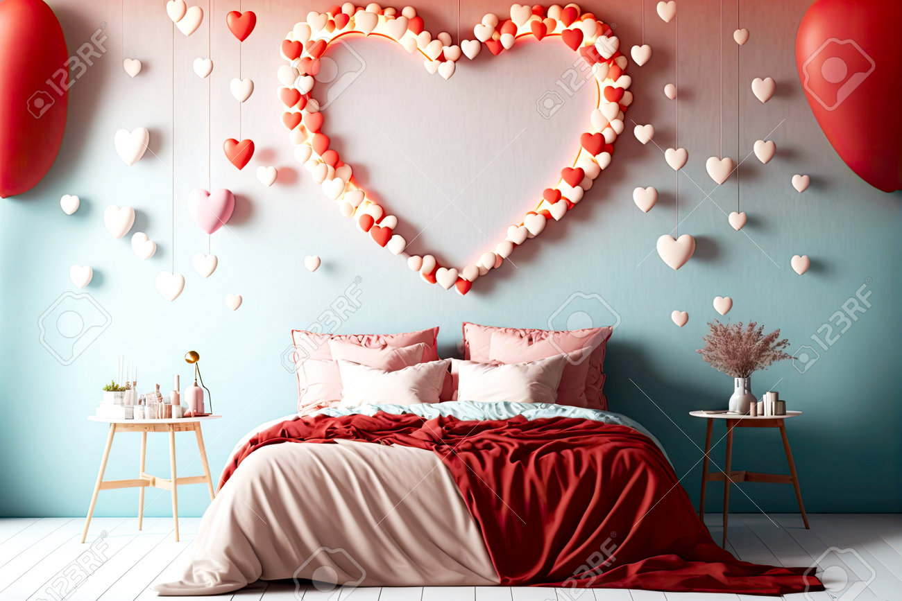 Valentines Day Decorated Room With Heart-shaped Decorations And ...