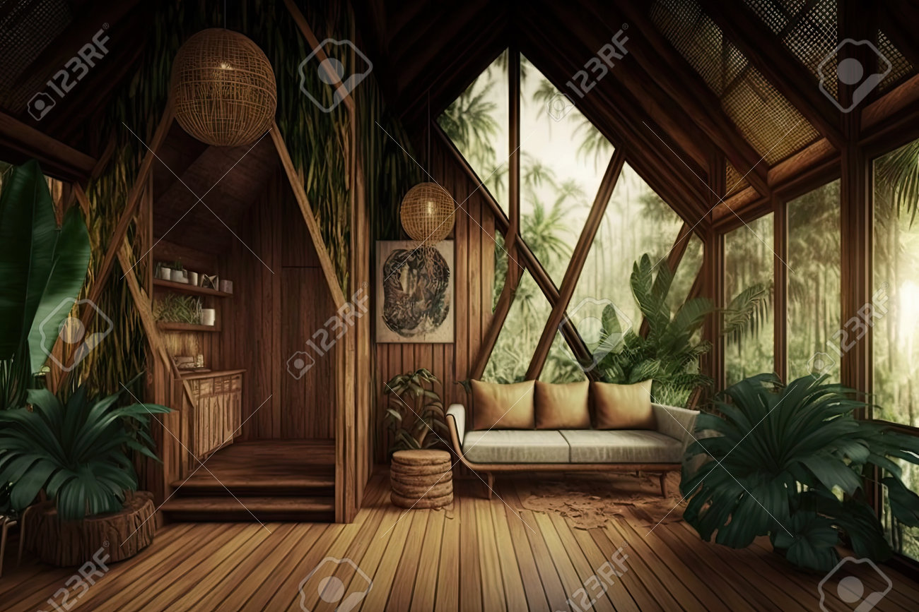 Exotic Interior Of Hut In Jungle Interior Design With Wooden Walls And  Floor, Created With Generative Ai Stock Photo, Picture and Royalty Free  Image. Image 200850298.