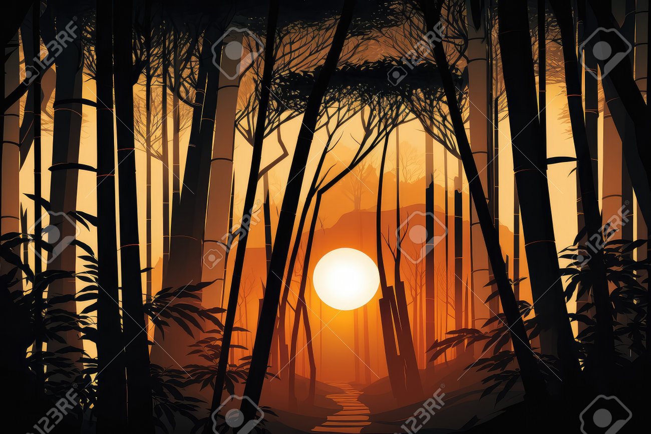 夕暮れ時の竹林と、生成型 AI で作成された木の後ろに夕日が沈むの写真