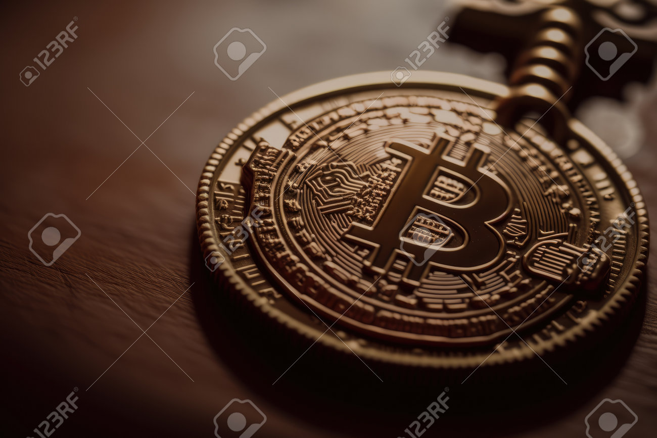 生成的AIで作成された、重要な詳細に焦点を当てたビットコインコインのクローズアップの写真素材・画像素材 Image 201303498