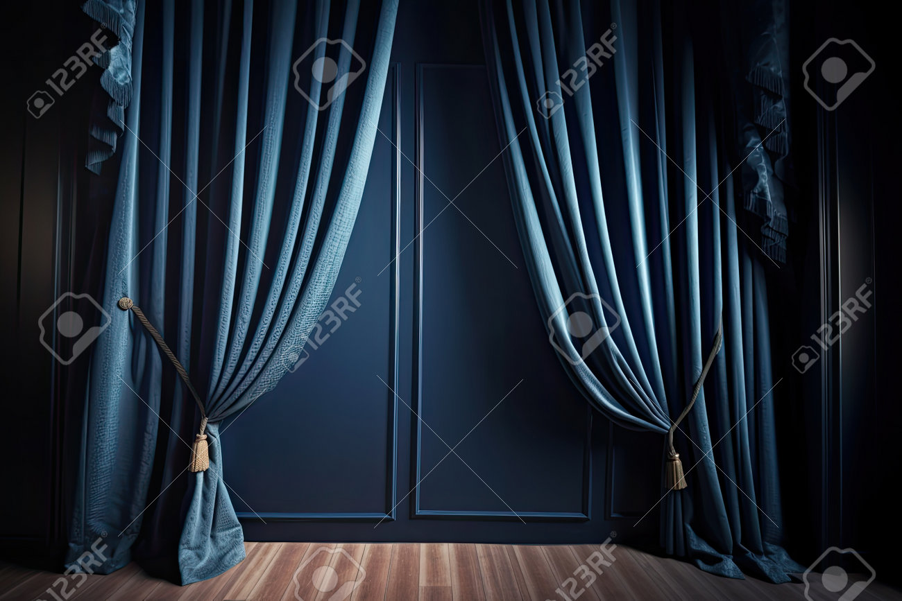Curtain Setting, With Dark Blue Backdrop And Drapes, Against Window View,  Created With Generative Ai Stock Photo, Picture and Royalty Free Image.  Image 201975820., image size:1300x867