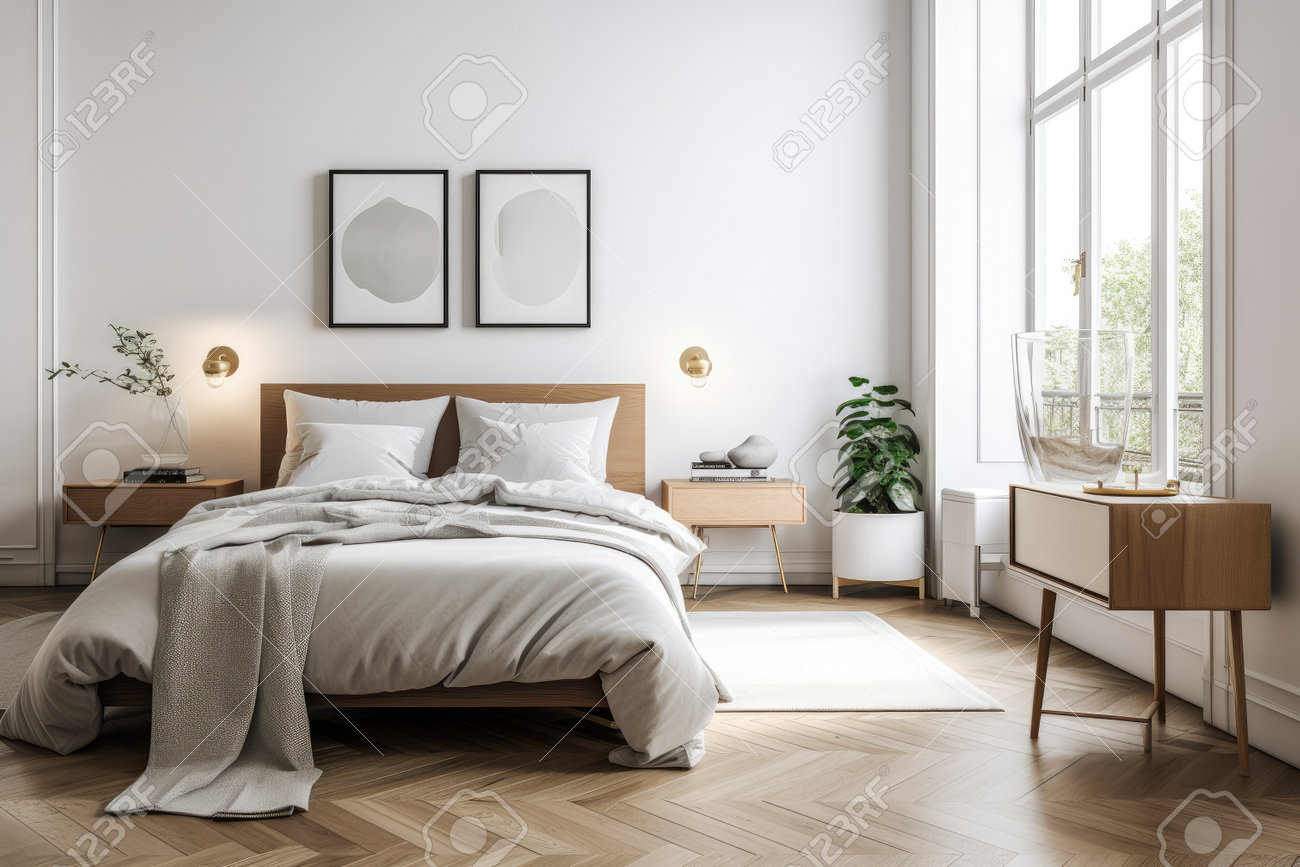minimalistisches schlafzimmer mit weißer bettwäsche, elegantem