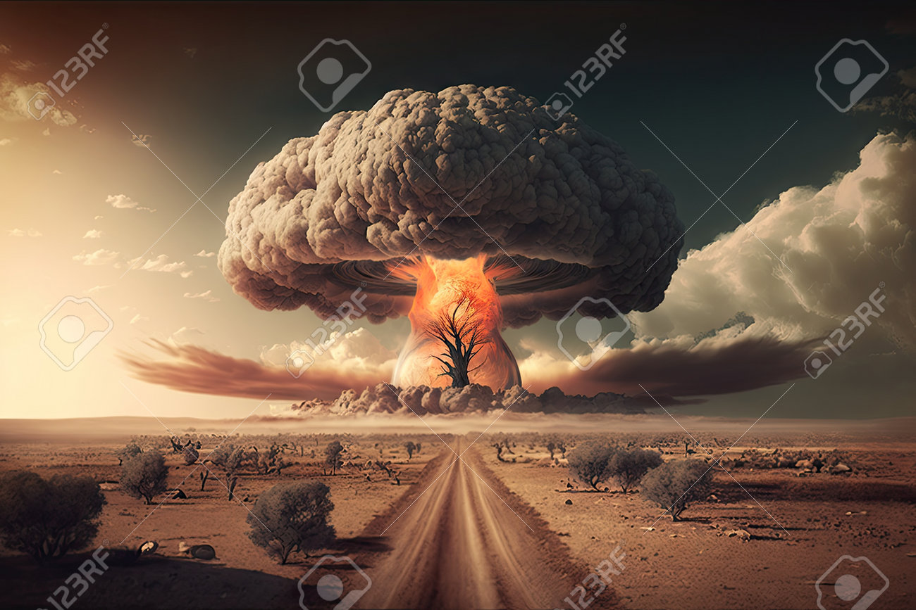 生成AIで創作された核爆弾が爆発した後、荒廃した風景の上に