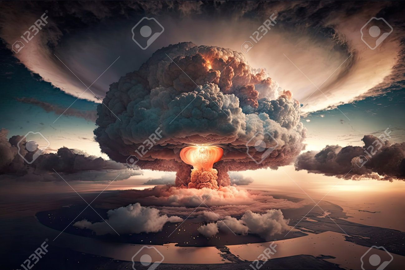 空に広がるキノコ雲の俯瞰図、生成型 AI で作成の写真素材・画像