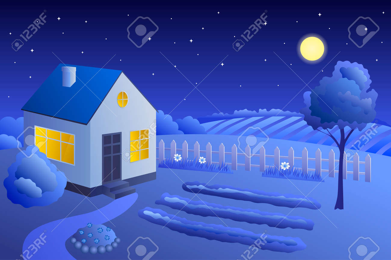 ガーデンハウスの夏風景夜イラスト のイラスト素材 ベクタ Image