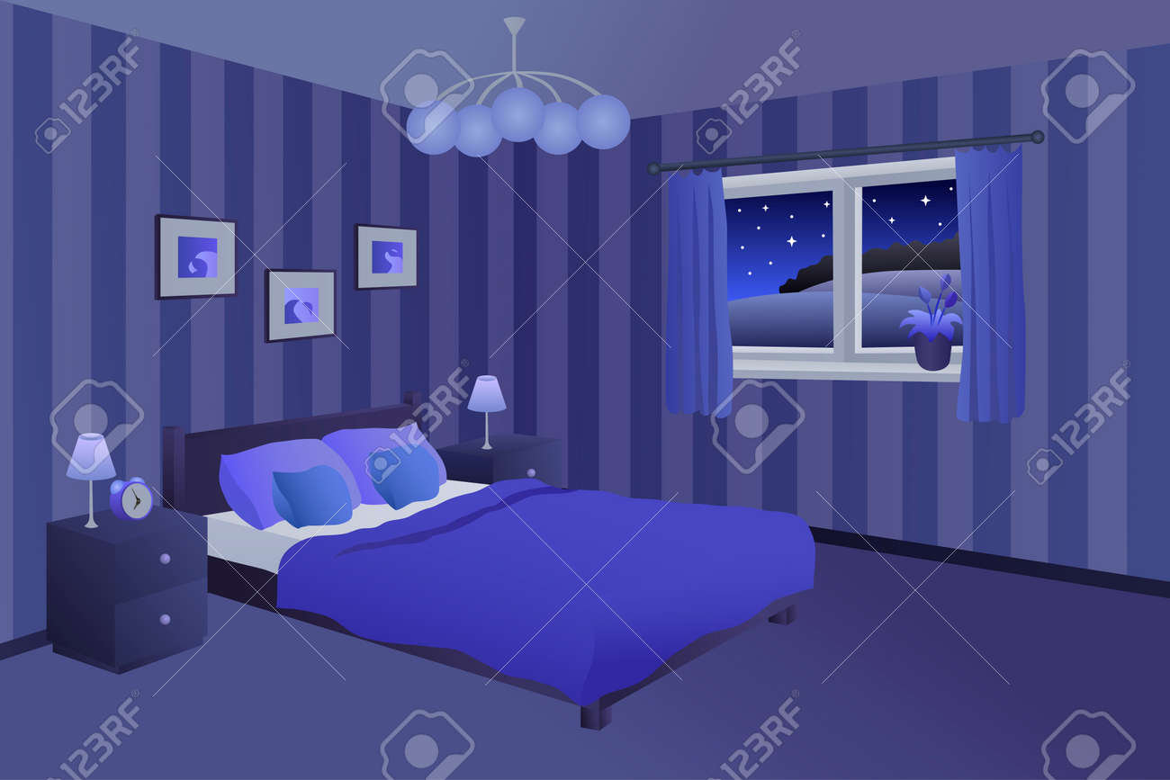 現代寝室の夜青黒ベッド枕ランプ ウィンドウ イラスト のイラスト素材 ベクタ Image