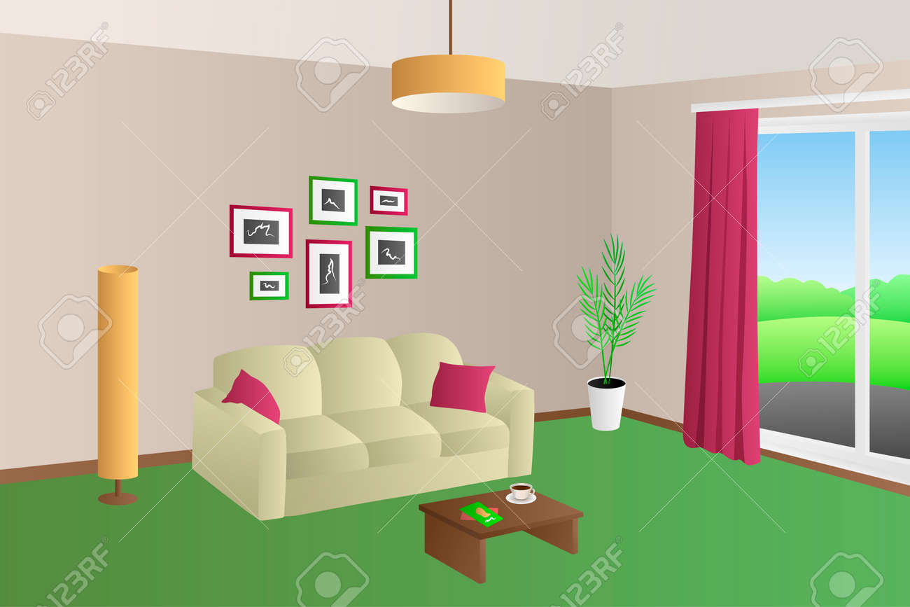 Moderne Wohnzimmer Interieur Beige Grüne Sofa Rot Kissen Lampen ... Moderne Wohnzimmer Interieur Beige Grüne Sofa Rot Kissen Lampen ...