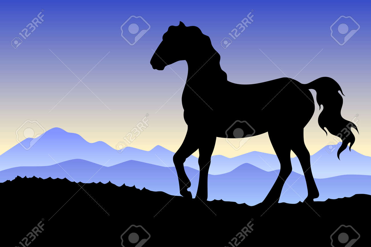 馬シルエット風景自然日没日の出イラストのイラスト素材・ベクター