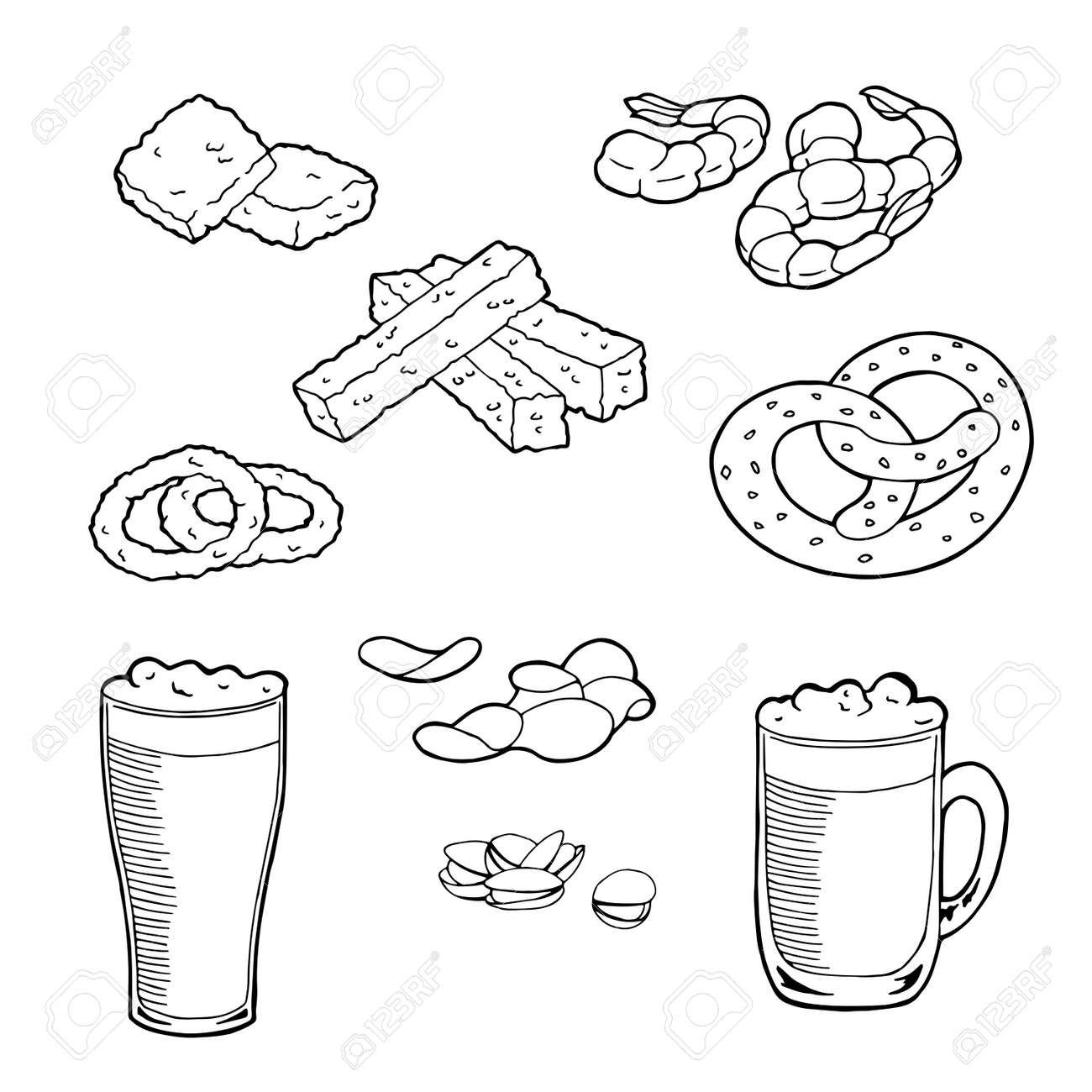 Grafische Reeks Van De De Snack De Vastgestelde Zwarte Witte Geisoleerde Illustratie Van De Biersnack Royalty Vrije Cliparts Vectoren En Stock Illustratie Image 61128610